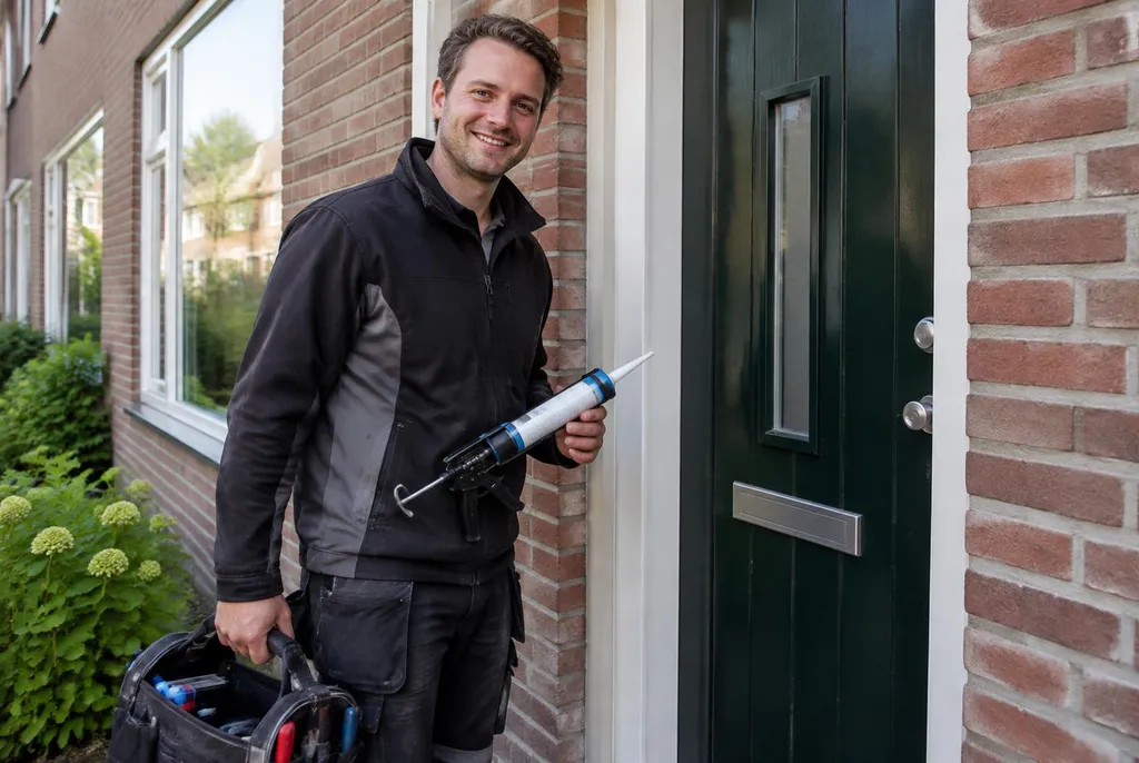 Vakman van Kitbedrijf Doesburg bij de voordeur van een woning